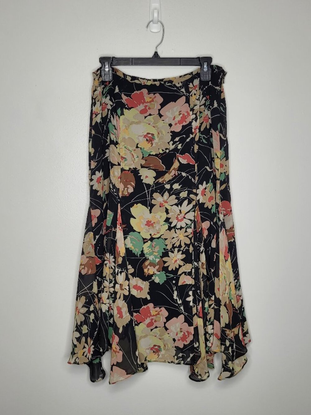 Chaps Black Multi Floral Asymmetrical watercolor romantic boho midi skirt 10